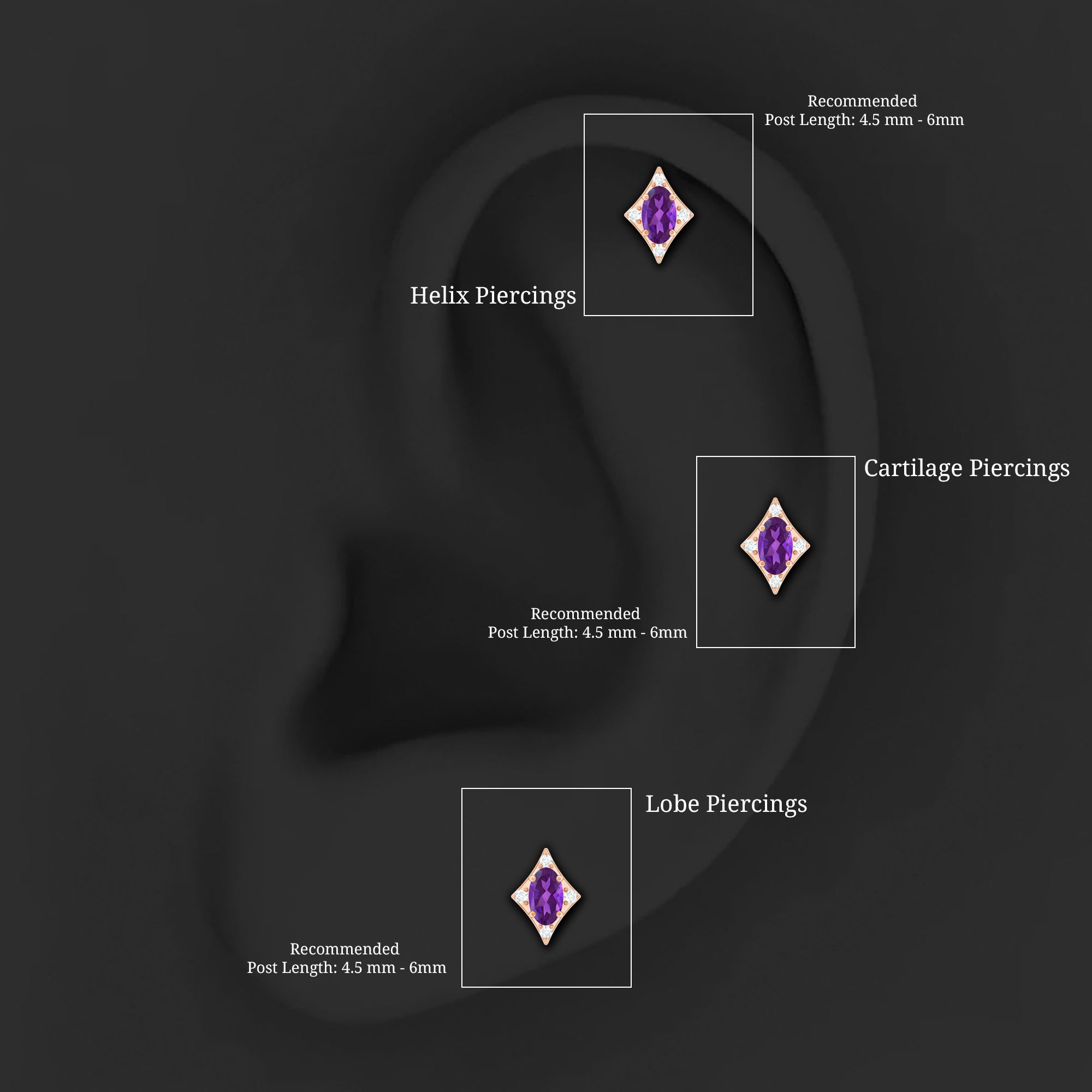 Oval Natural Amethyst Tragus Earring with Moissanite