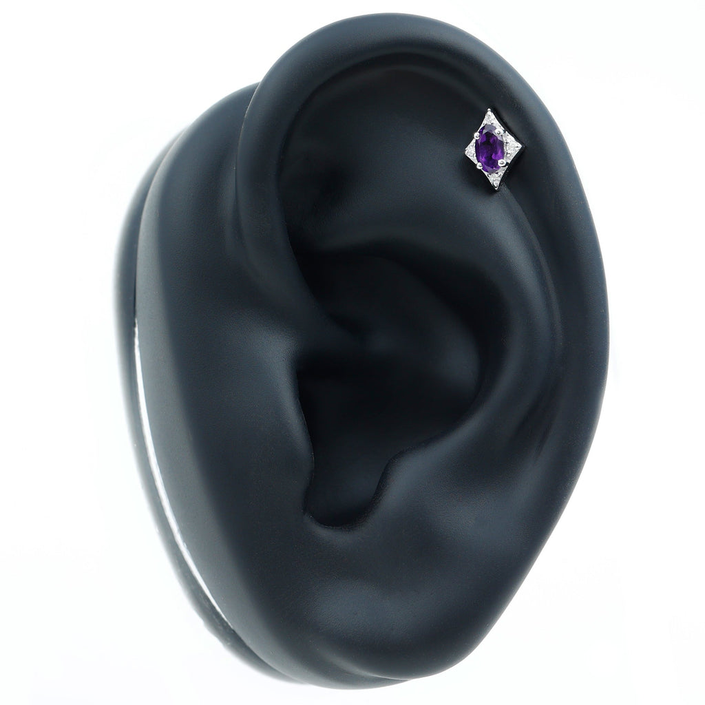 Oval Natural Amethyst Tragus Earring with Moissanite