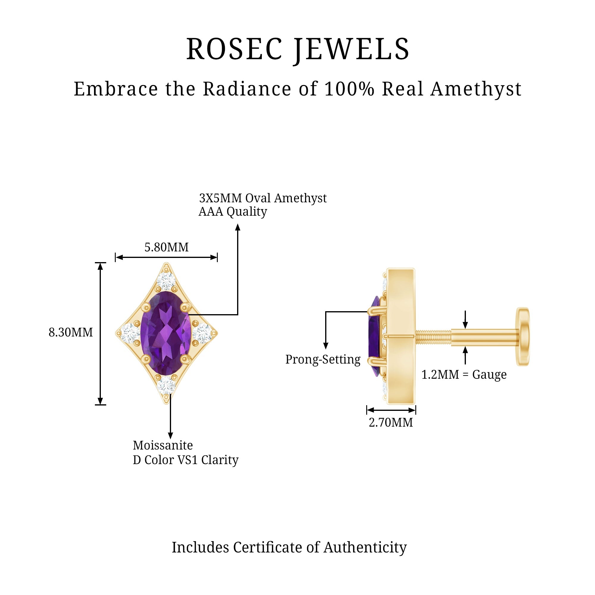 Oval Natural Amethyst Tragus Earring with Moissanite