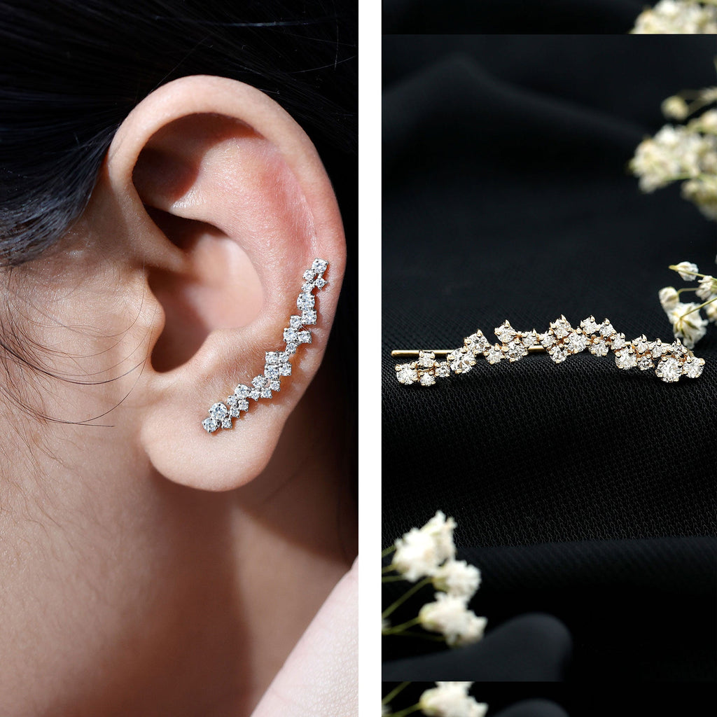 Certified Round Moissanite Cluster Climber Earring