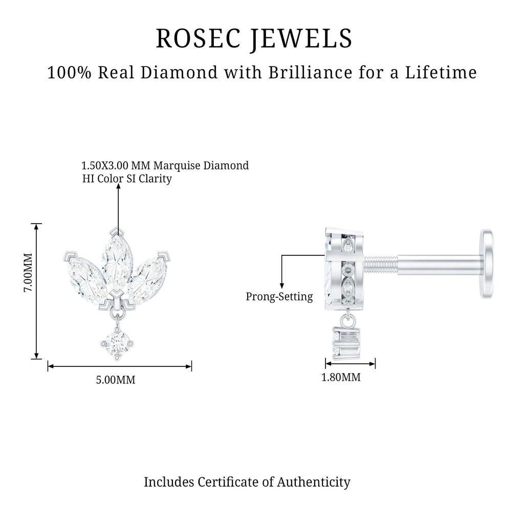 Real Diamond Lotus Flower Drop Earring for Cartilage Piercing