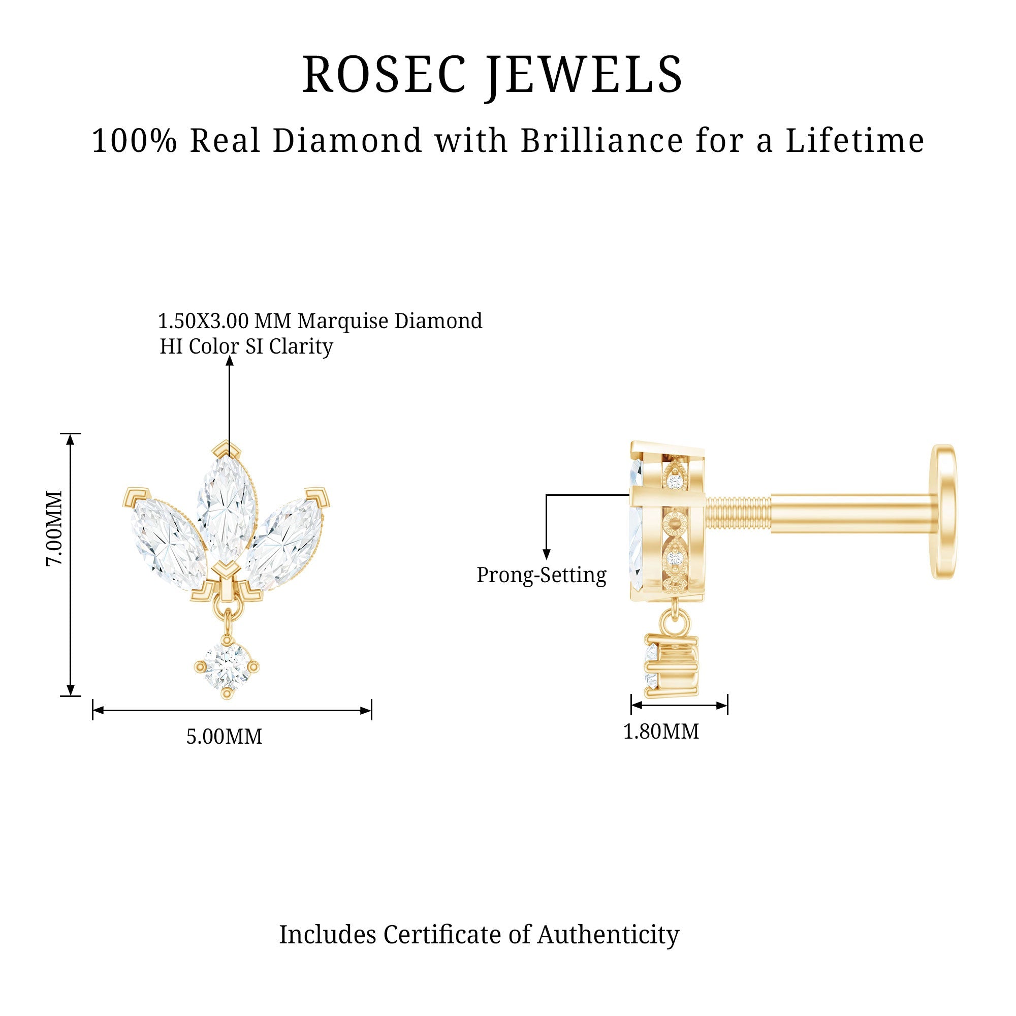 Real Diamond Lotus Flower Drop Earring for Cartilage Piercing