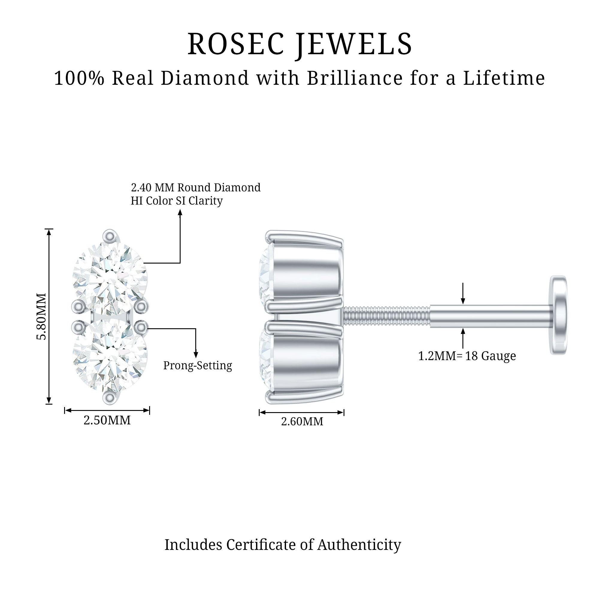 Natural Diamond 2 Stone Earring for Tragus Piercing