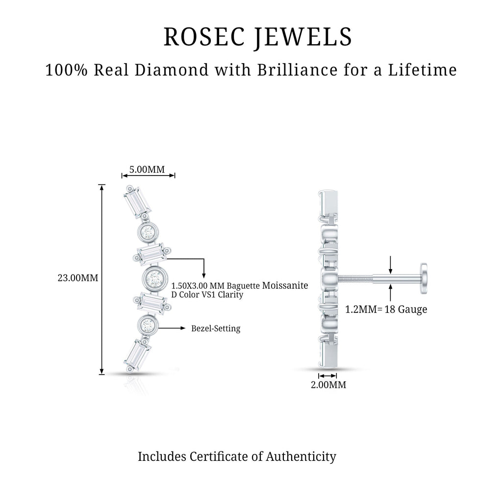 Baguette Moissanite Art Deco Climber Earring for Helix Piercing