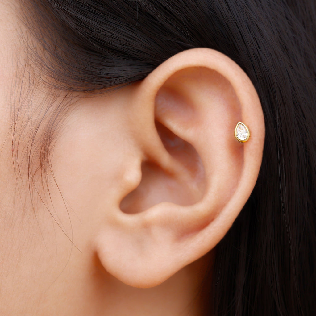Bezel Set Moissanite Teardrop Stud Earring for Cartilage Piercing
