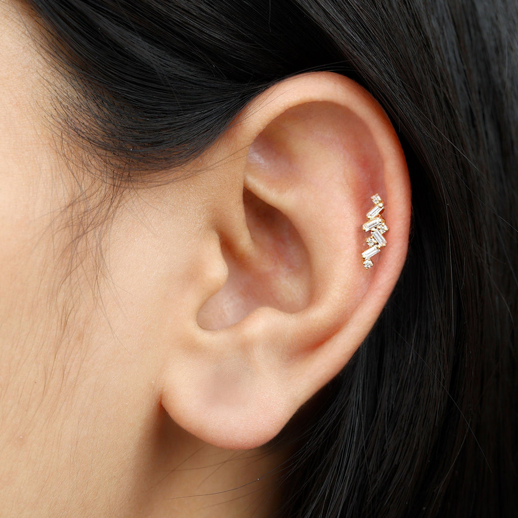 Baguette and Round Moissanite Cartilage Earring With Certificate