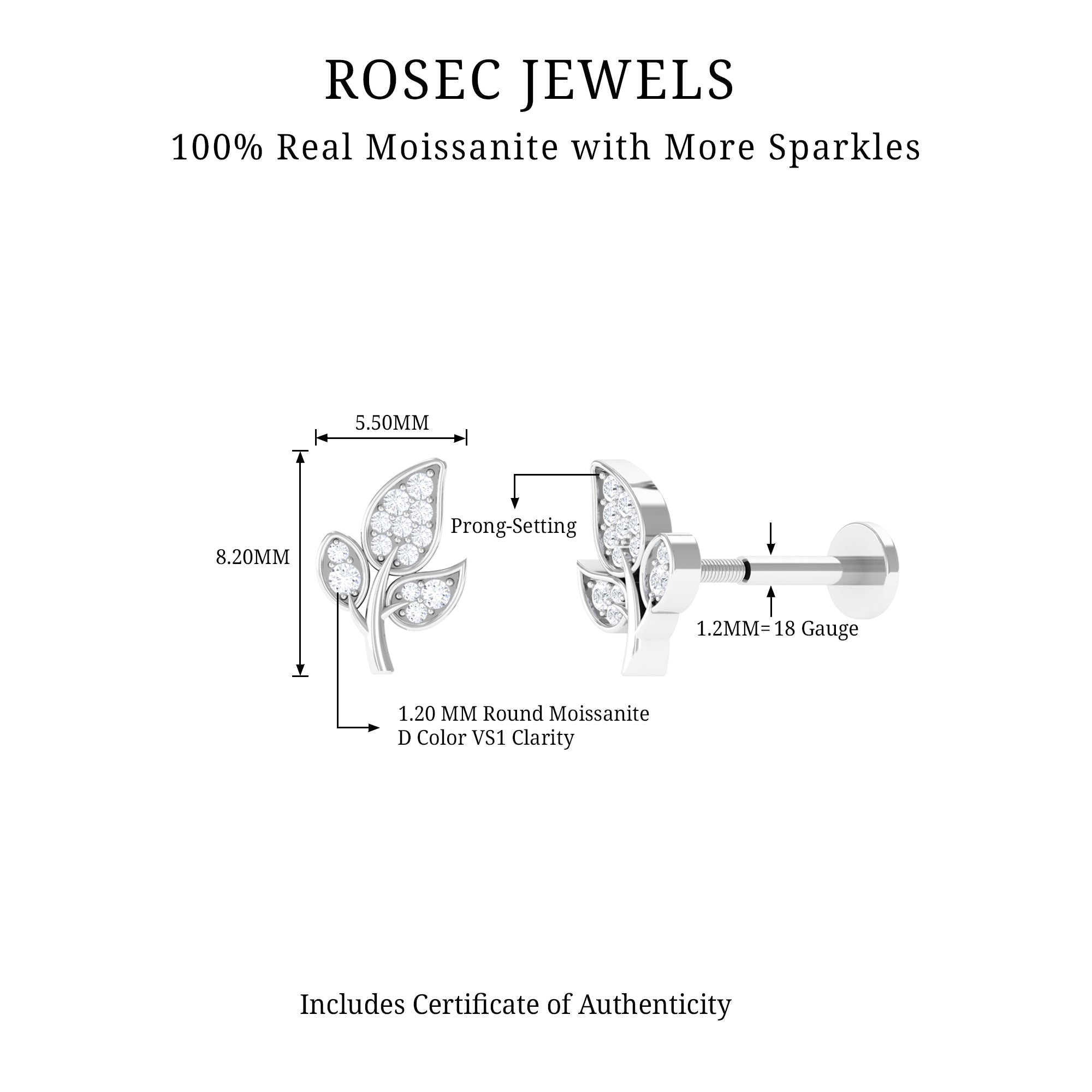 Dainty Moissanite Leaf Earring for Cartilage Piercing