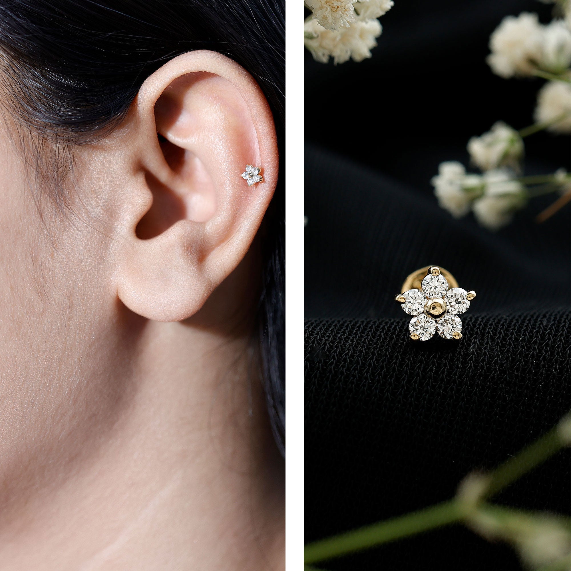 Round Moissanite Simple Flower Earring for Conch Piercing