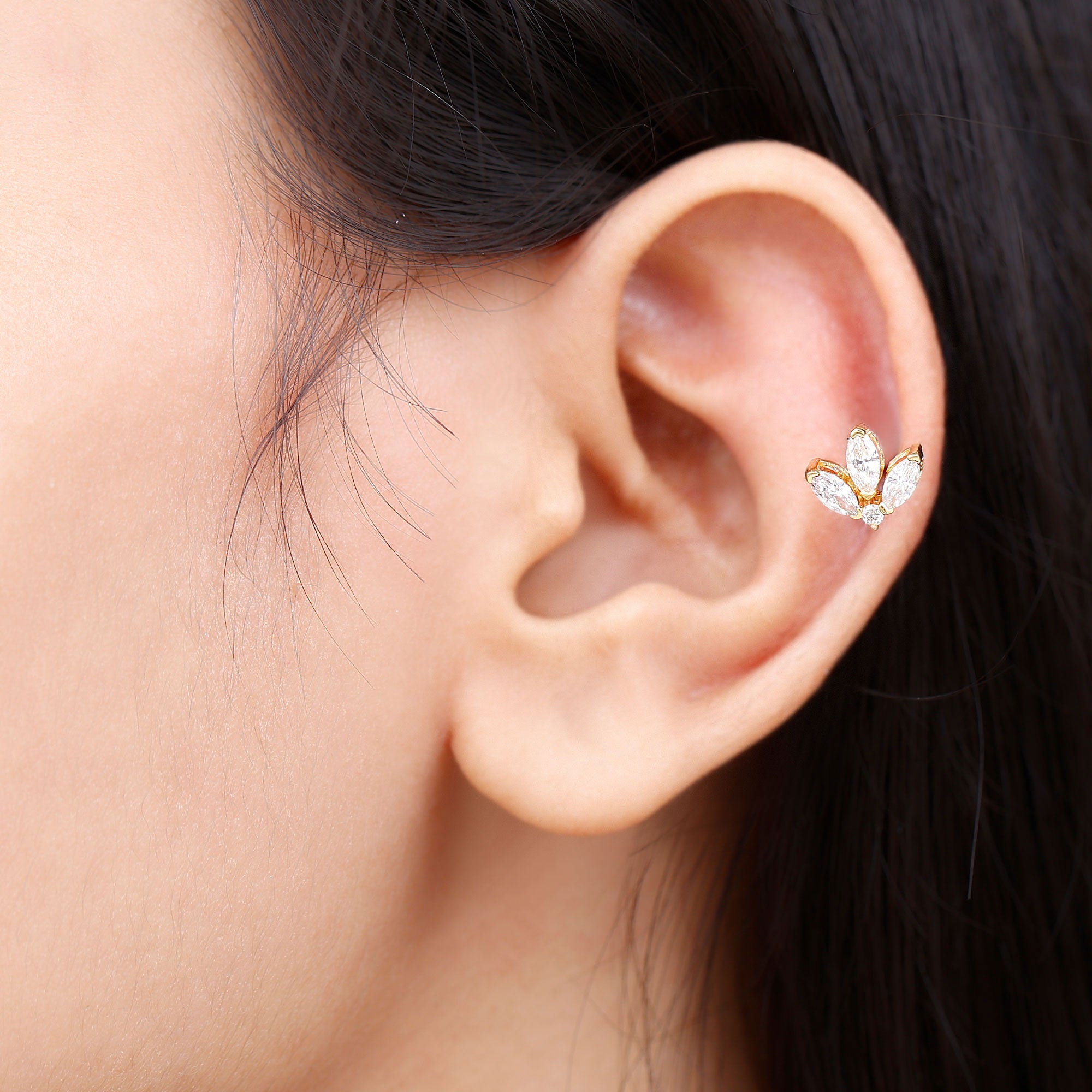 Marquise Diamond Lotus Flower Earring for Helix Piercing