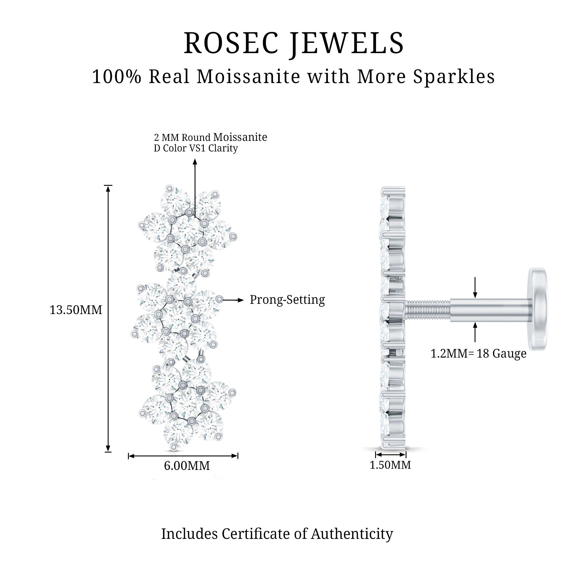 Certified Moissanite Floral Ear Climber Earring