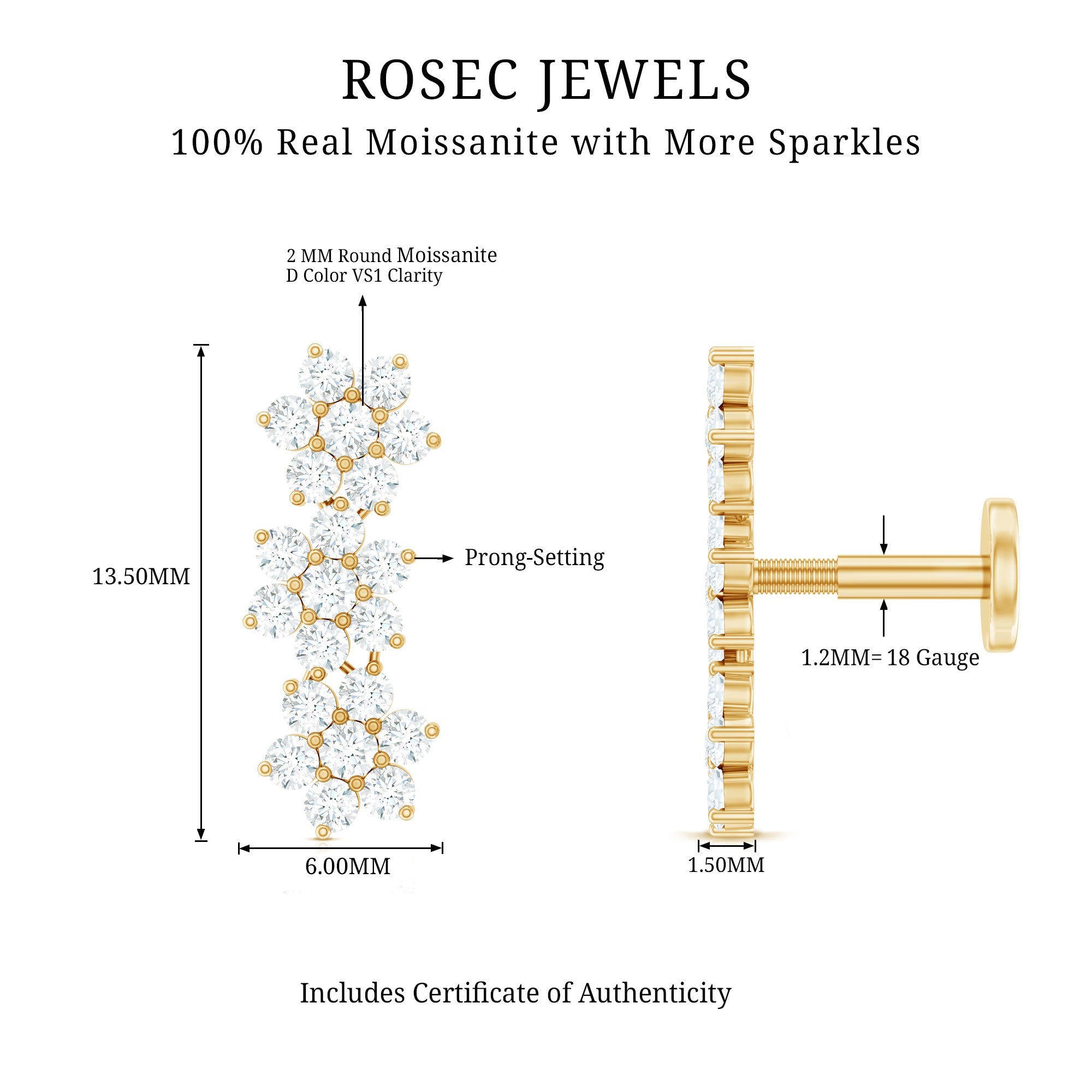 Certified Moissanite Floral Ear Climber Earring