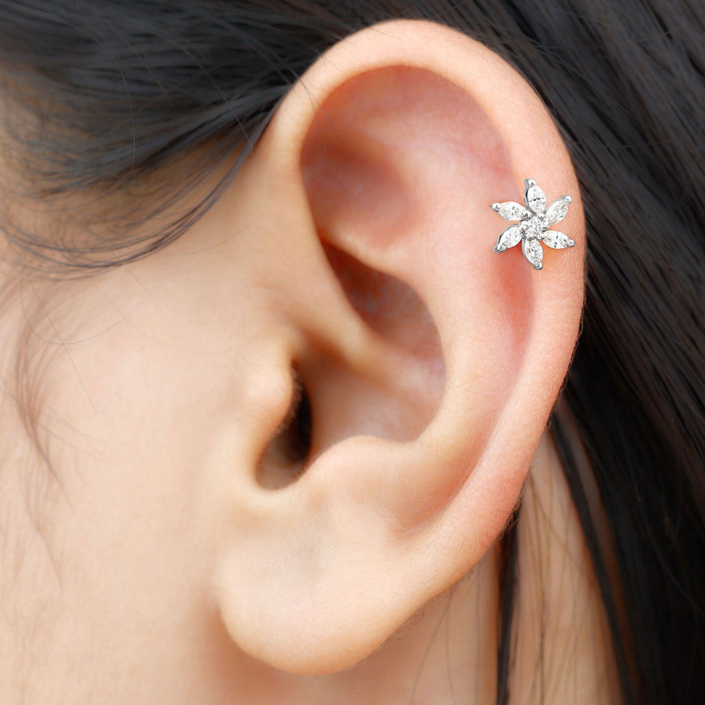 Marquise Moissanite Flower Earring for Cartilage Piercing