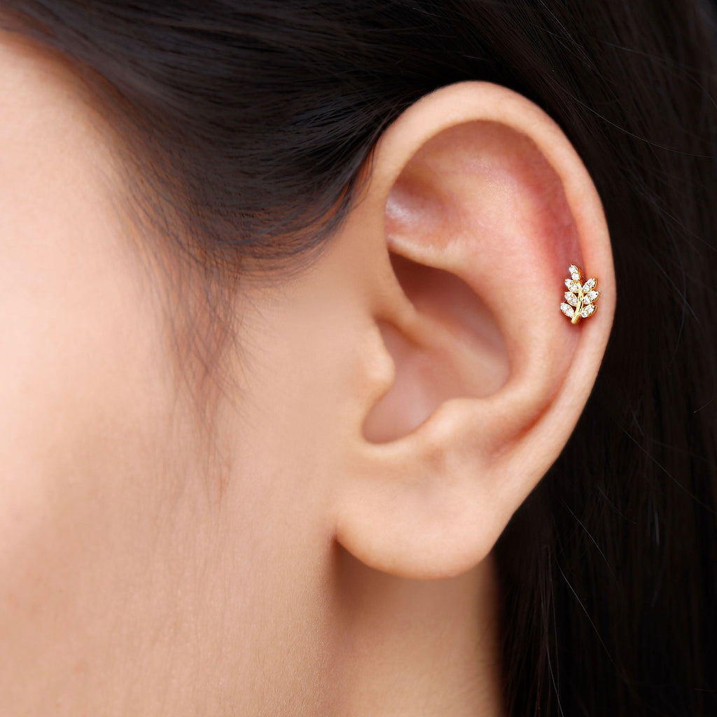 Natural Diamond Olive Leaf Earring for Cartilage Piercing