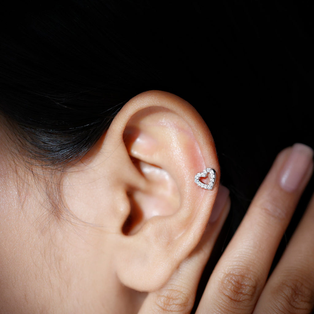 Certified Moissanite Open Heart Earring for Helix Piercing