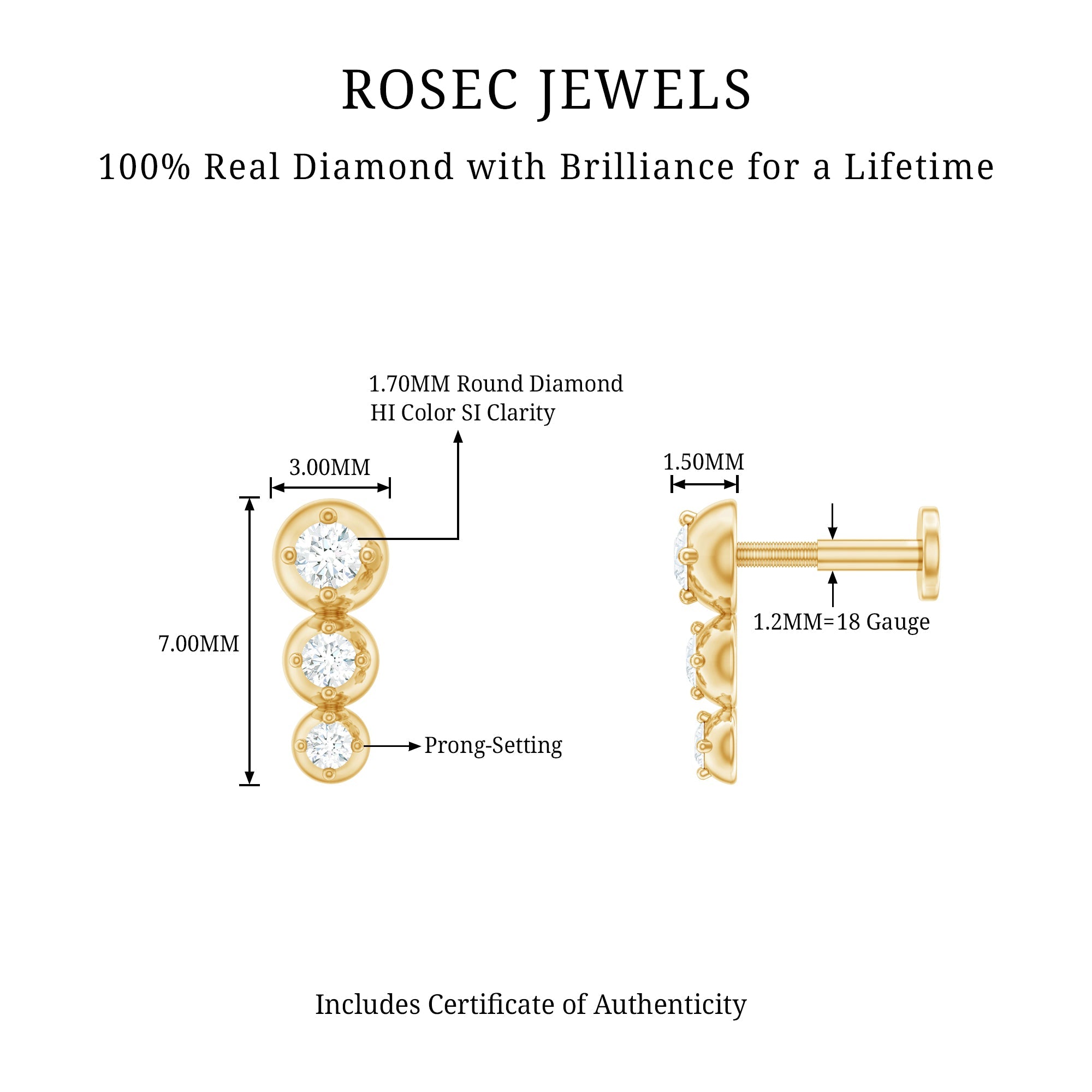 Natural Round Diamond Three Stone Tragus Earring