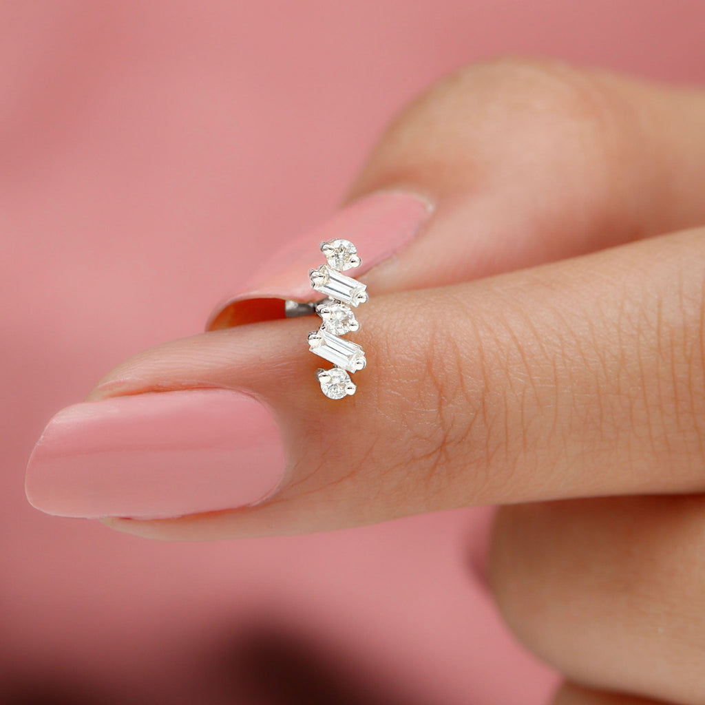 Baguette and Round Moissanite Ear Crawler Earring