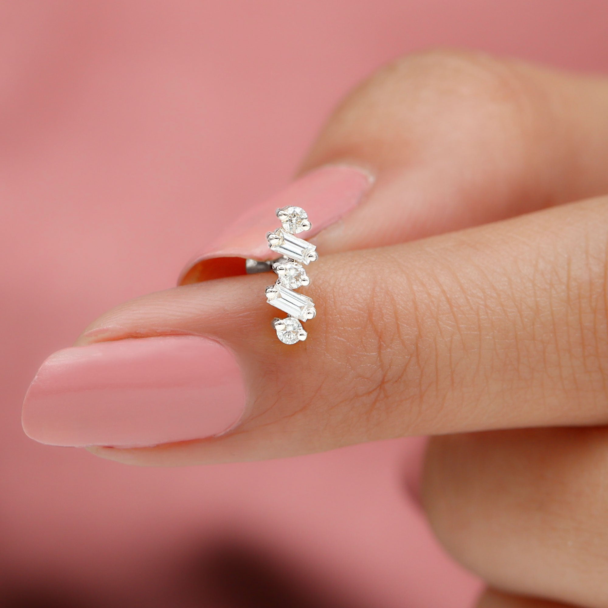 Baguette and Round Moissanite Ear Crawler Earring