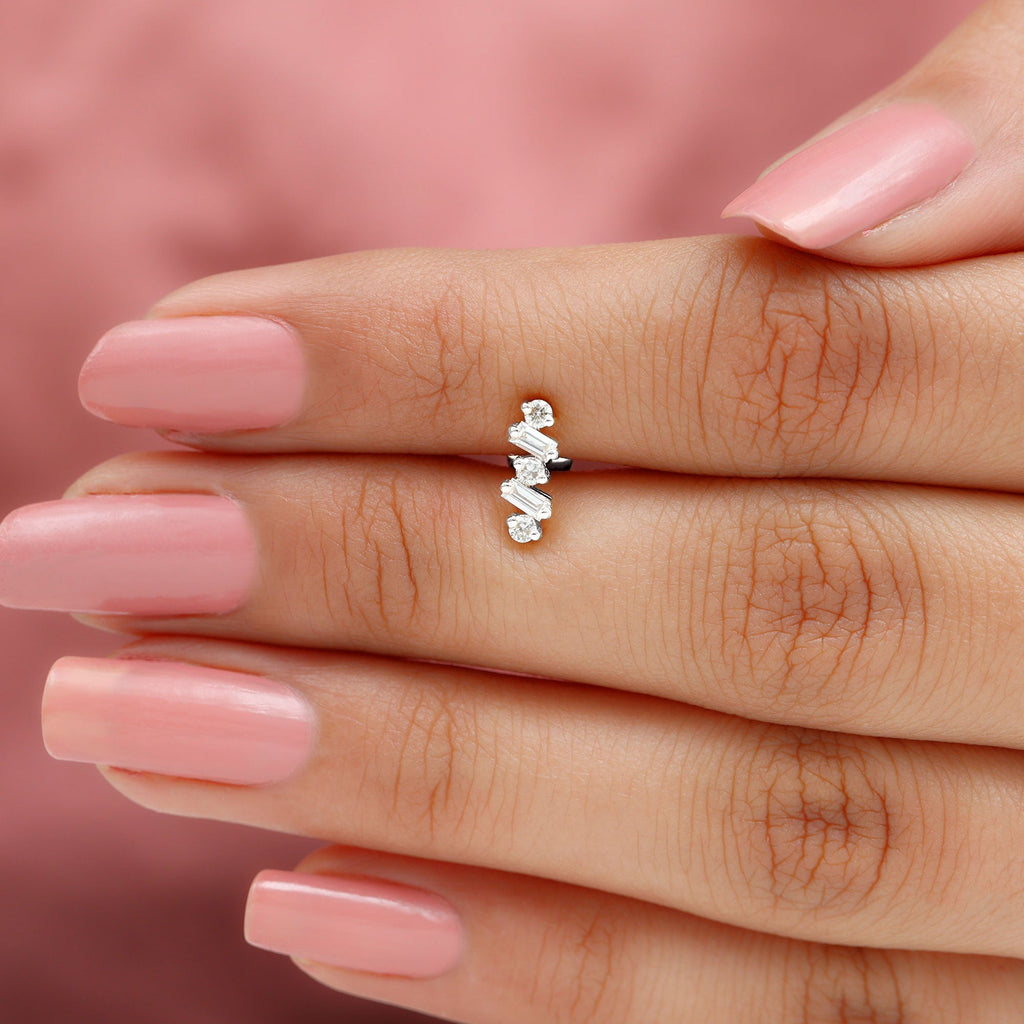 Baguette and Round Moissanite Ear Crawler Earring
