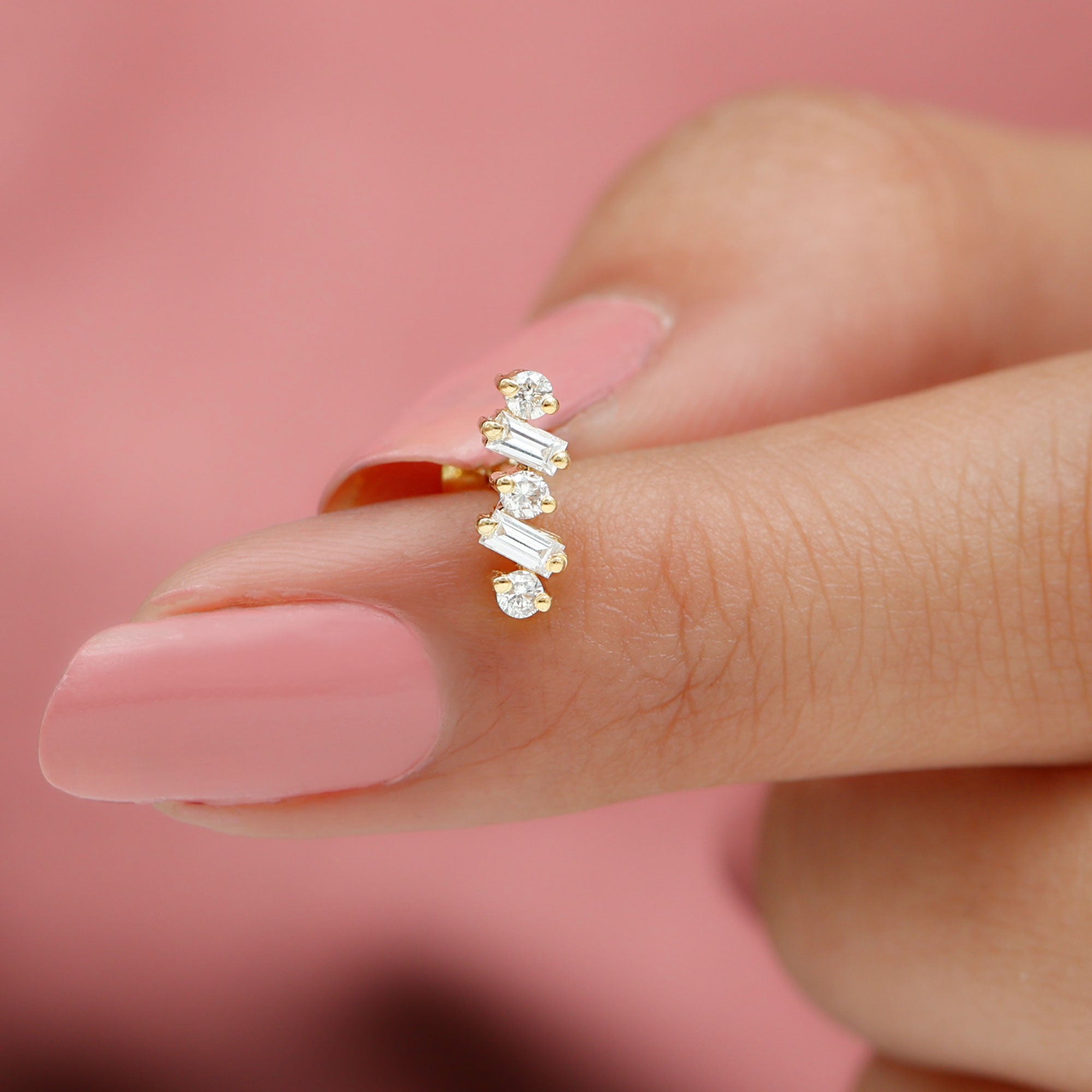 Baguette and Round Moissanite Ear Crawler Earring