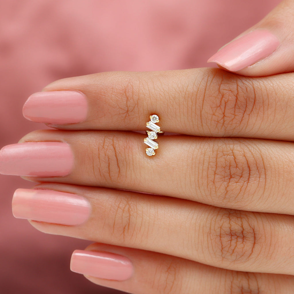 Baguette and Round Moissanite Ear Crawler Earring