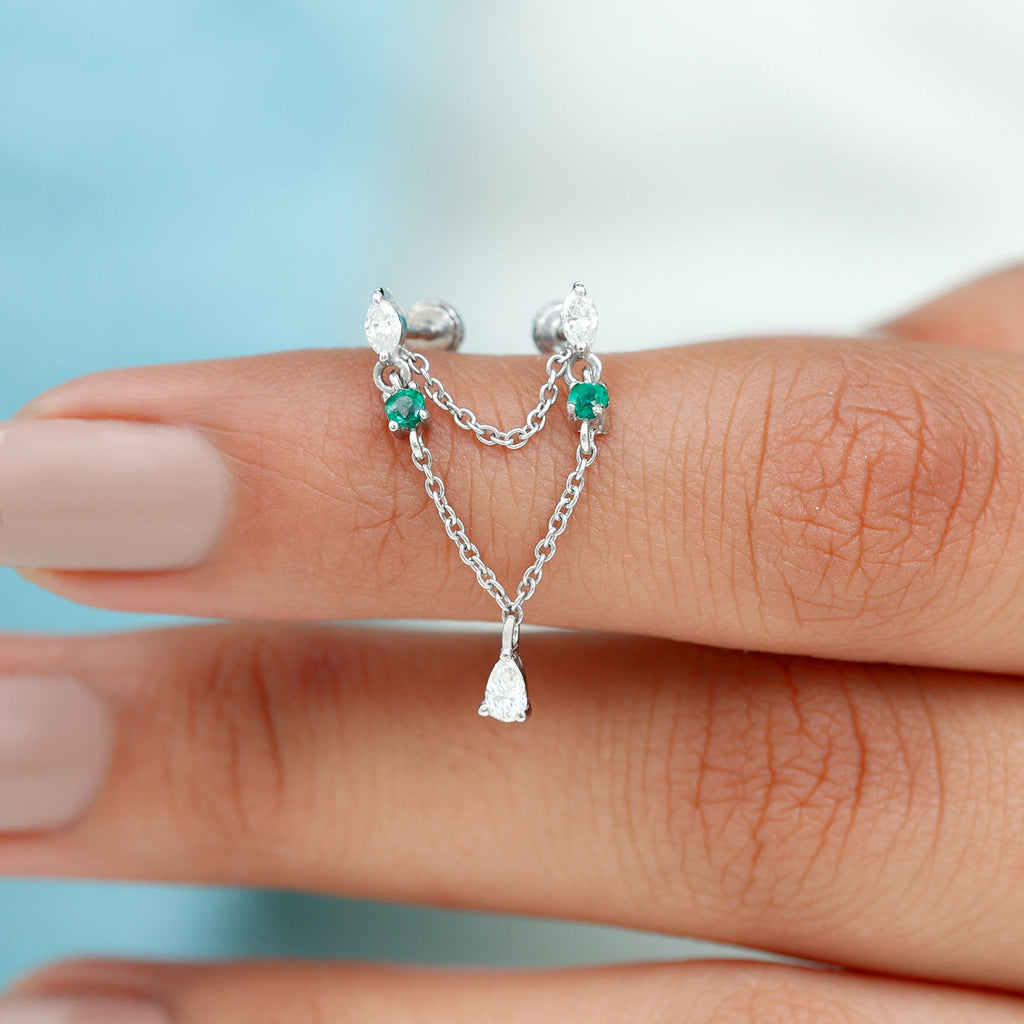 Moissanite Double Piercing Earring with Created Emerald