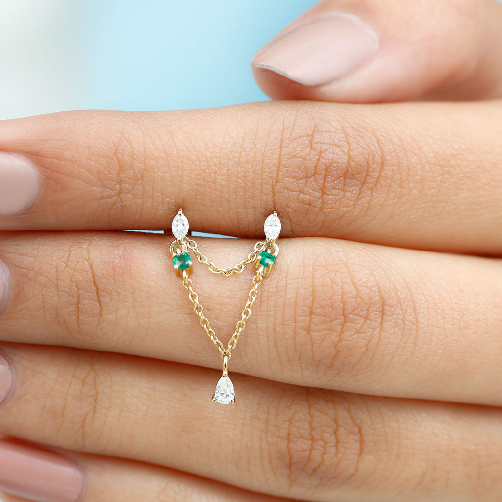 Moissanite Double Piercing Earring with Created Emerald