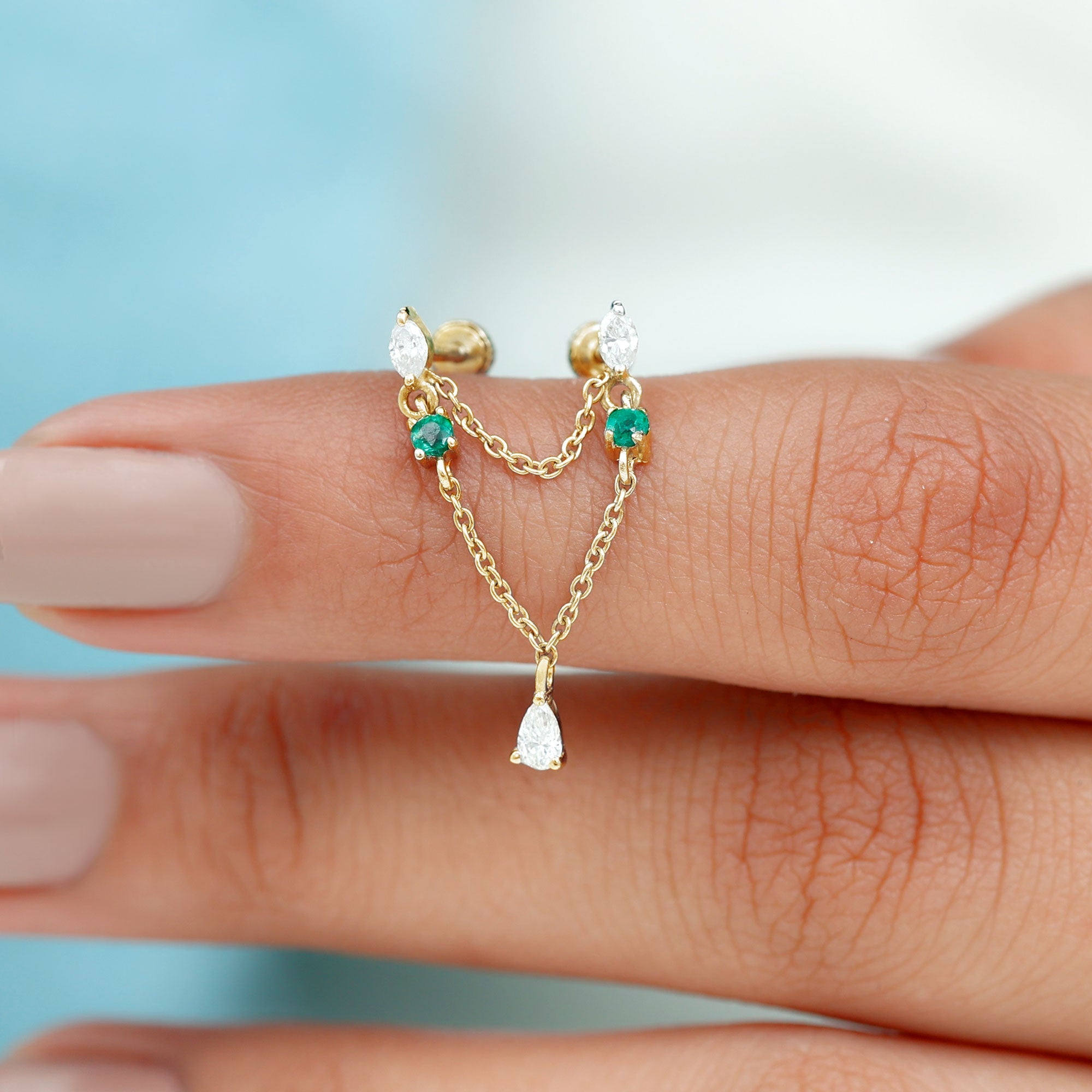 Moissanite Double Piercing Earring with Created Emerald