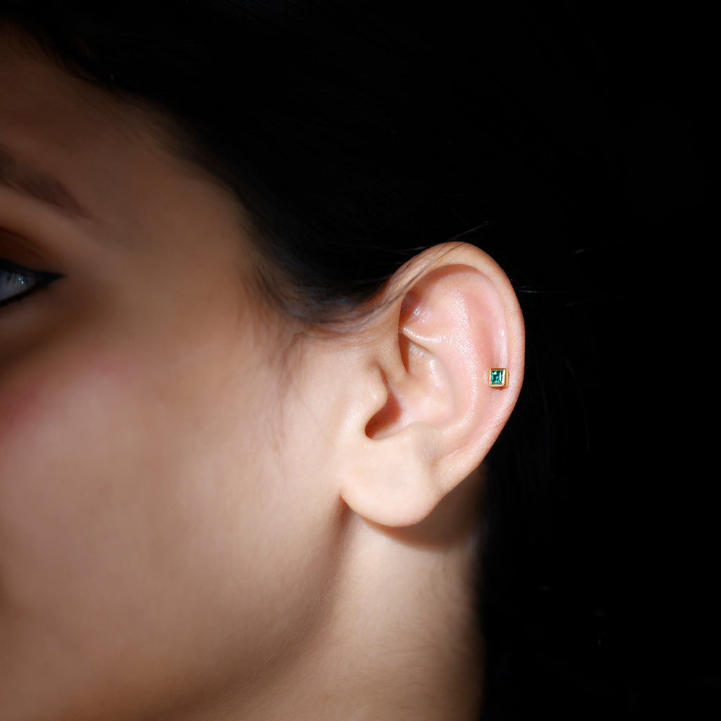 Princess Cut Emerald Helix Earring in Bezel Setting