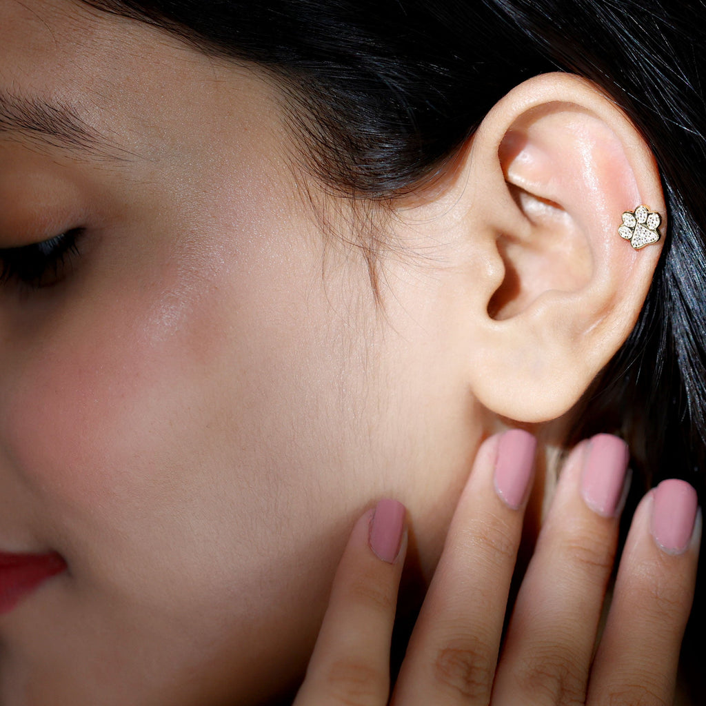 Moissanite Dog Paw Print Earring for Cartilage Piercing