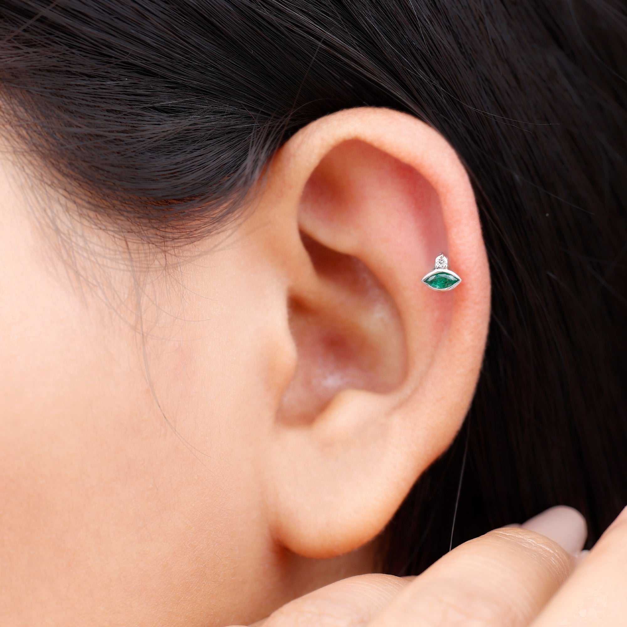 Marquise Cut Lab Grown Emerald Helix Earring with Certificate