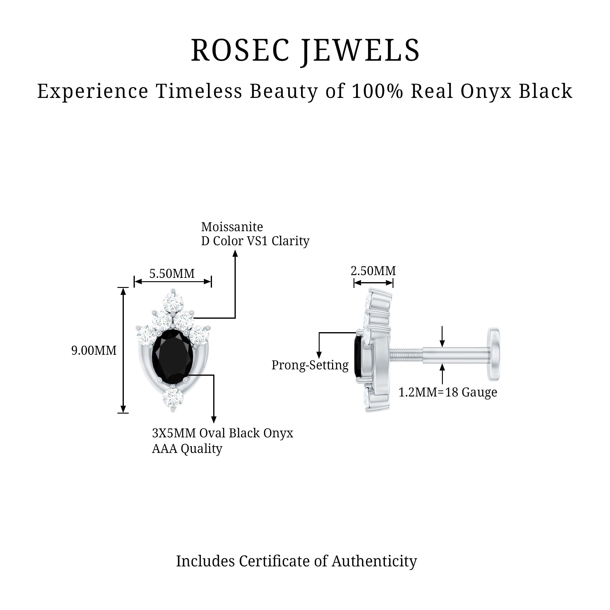Real Black Onyx Designer Helix Earring with Moissanite
