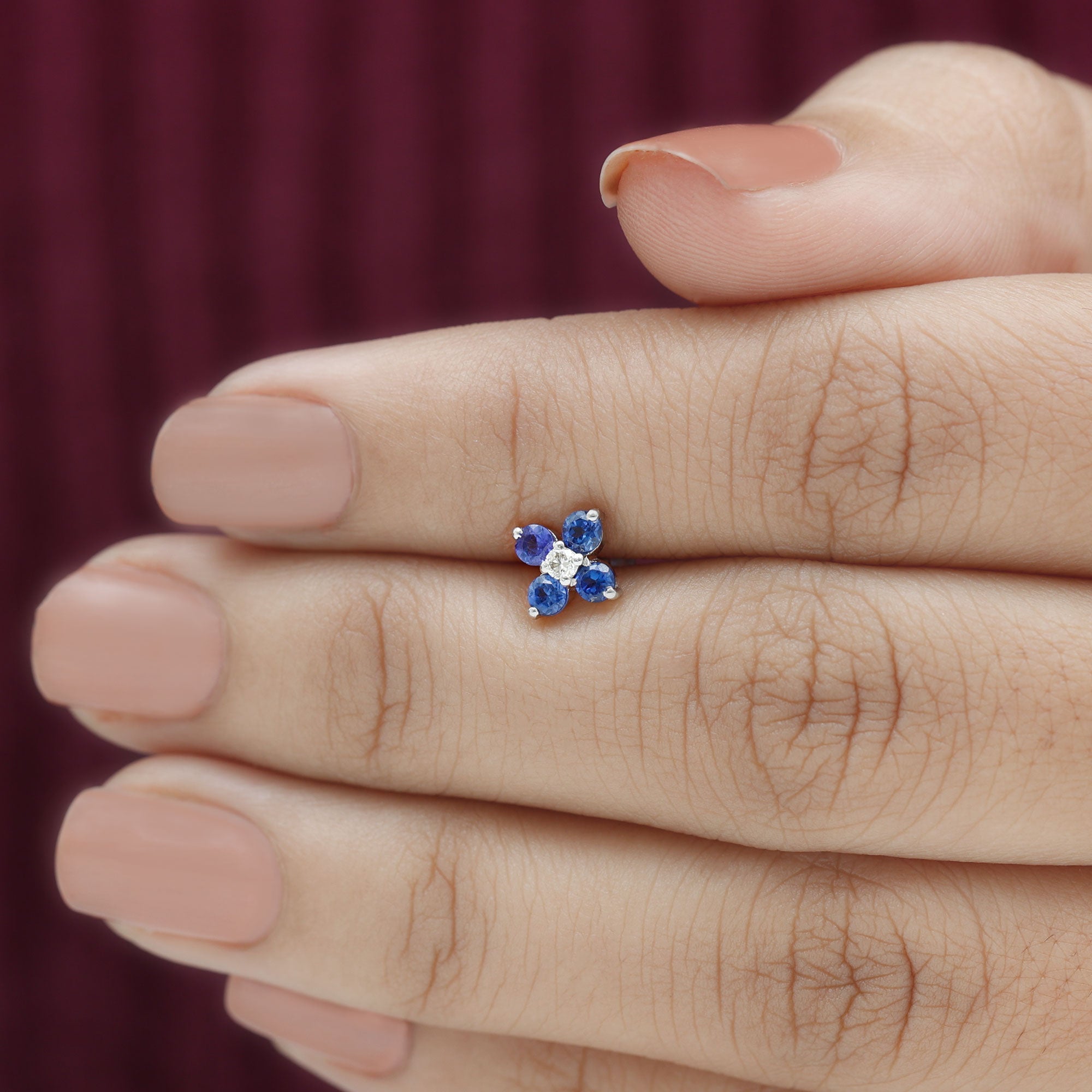 Natural Blue Sapphire Flower Earring for Rook Piercing
