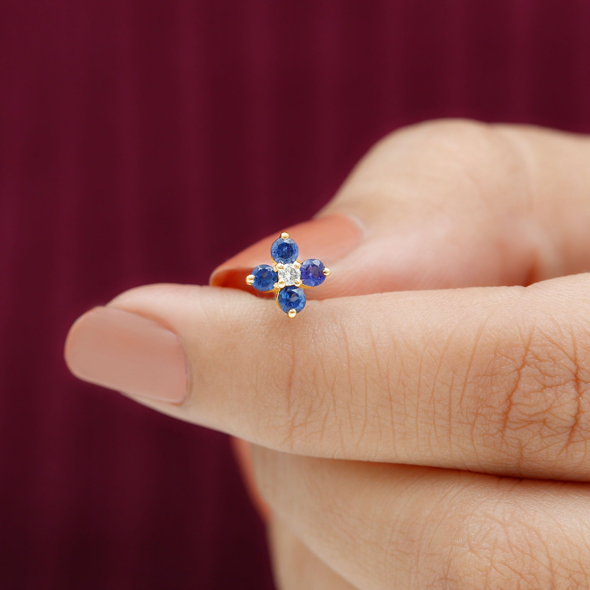 Natural Blue Sapphire Flower Earring for Rook Piercing