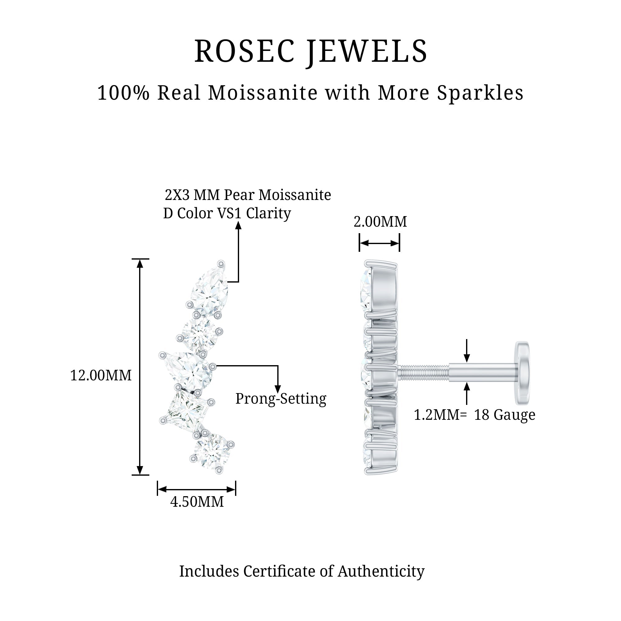 Certified Moissanite Crawler Earring in Prong Setting
