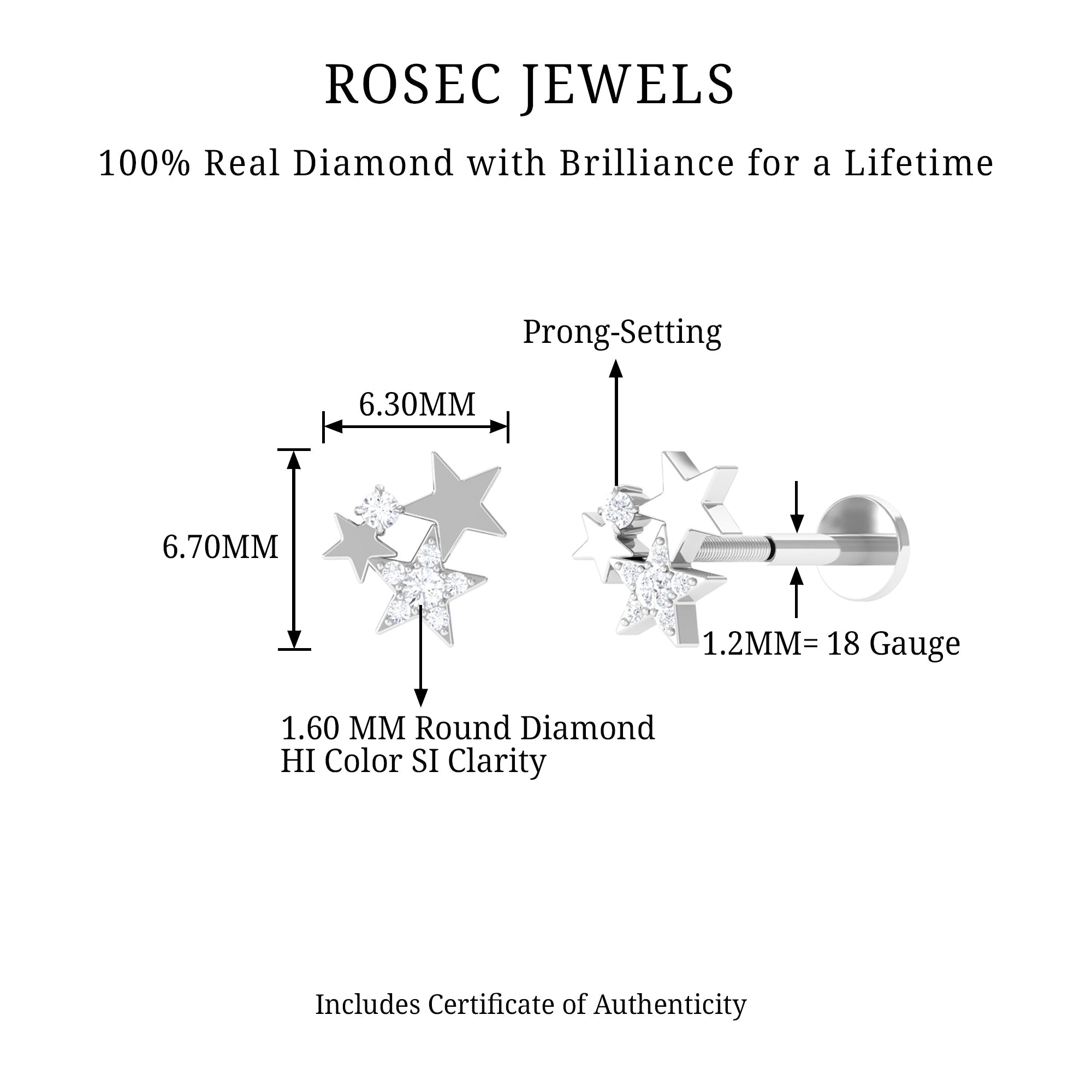 Round Cut Natural Diamond Gold Star Cartilage Earring