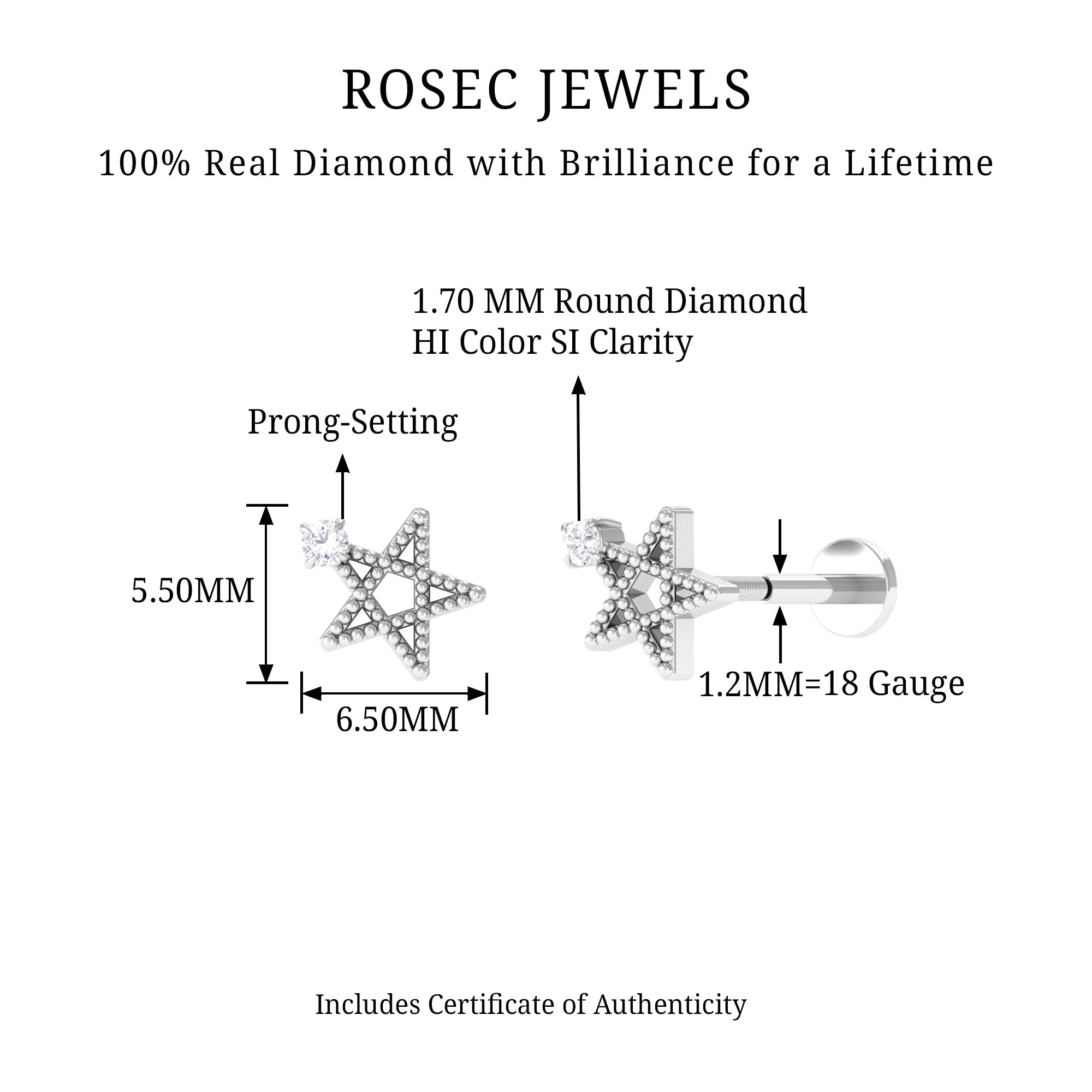 Natural Diamond Star Cartilage Earring with Beaded Gold