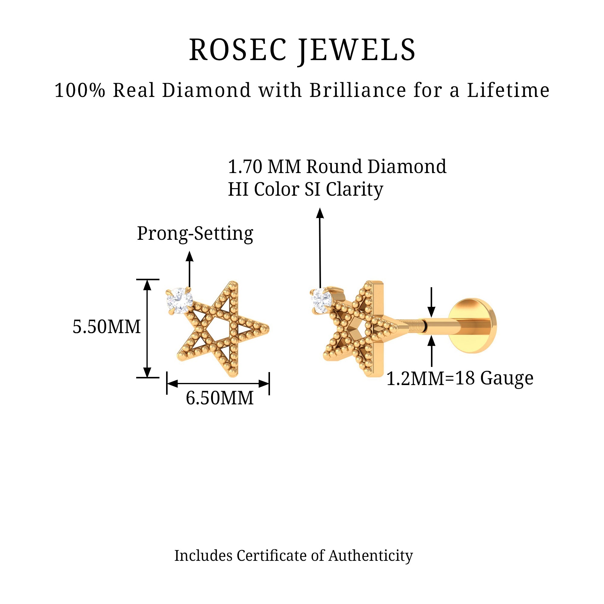 Natural Diamond Star Cartilage Earring with Beaded Gold