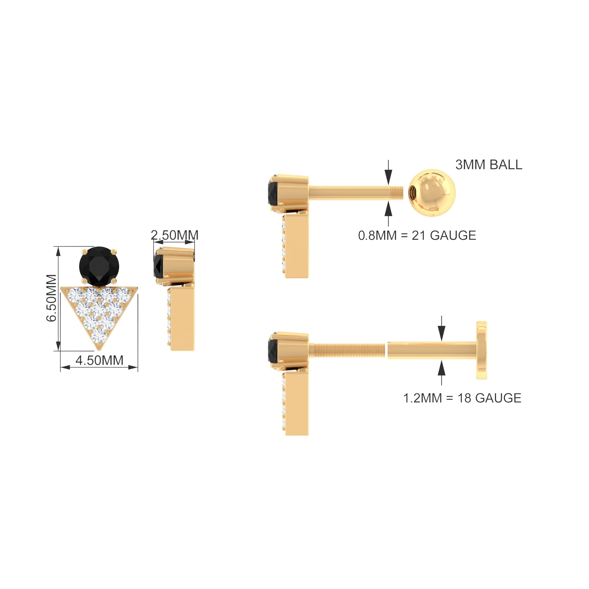 Black Onyx and Diamond Triangle Cartilage Earring in Gold