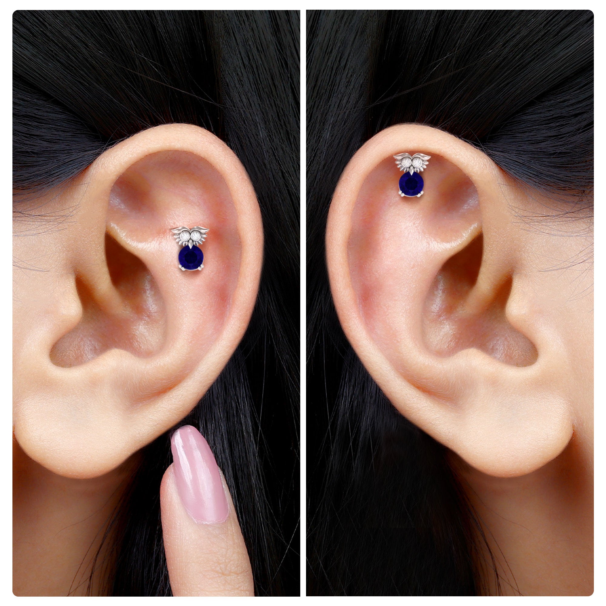 Blue Sapphire Owl Helix Earring