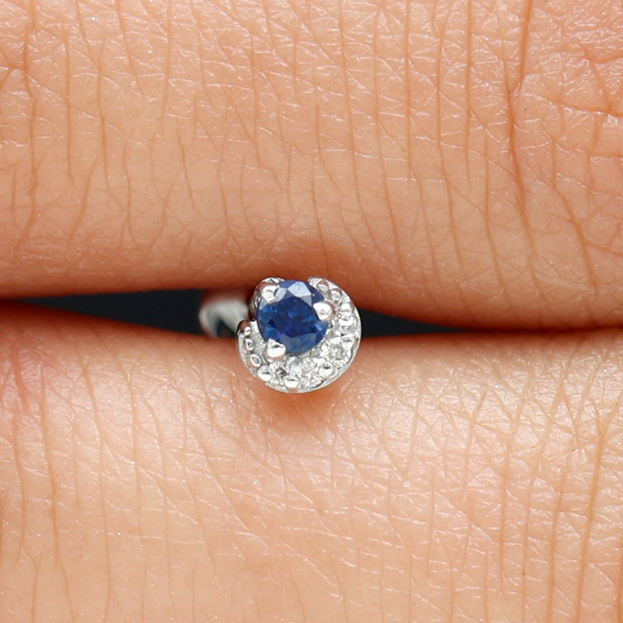 Dainty Blue Sapphire and Diamond Moon Helix Earring