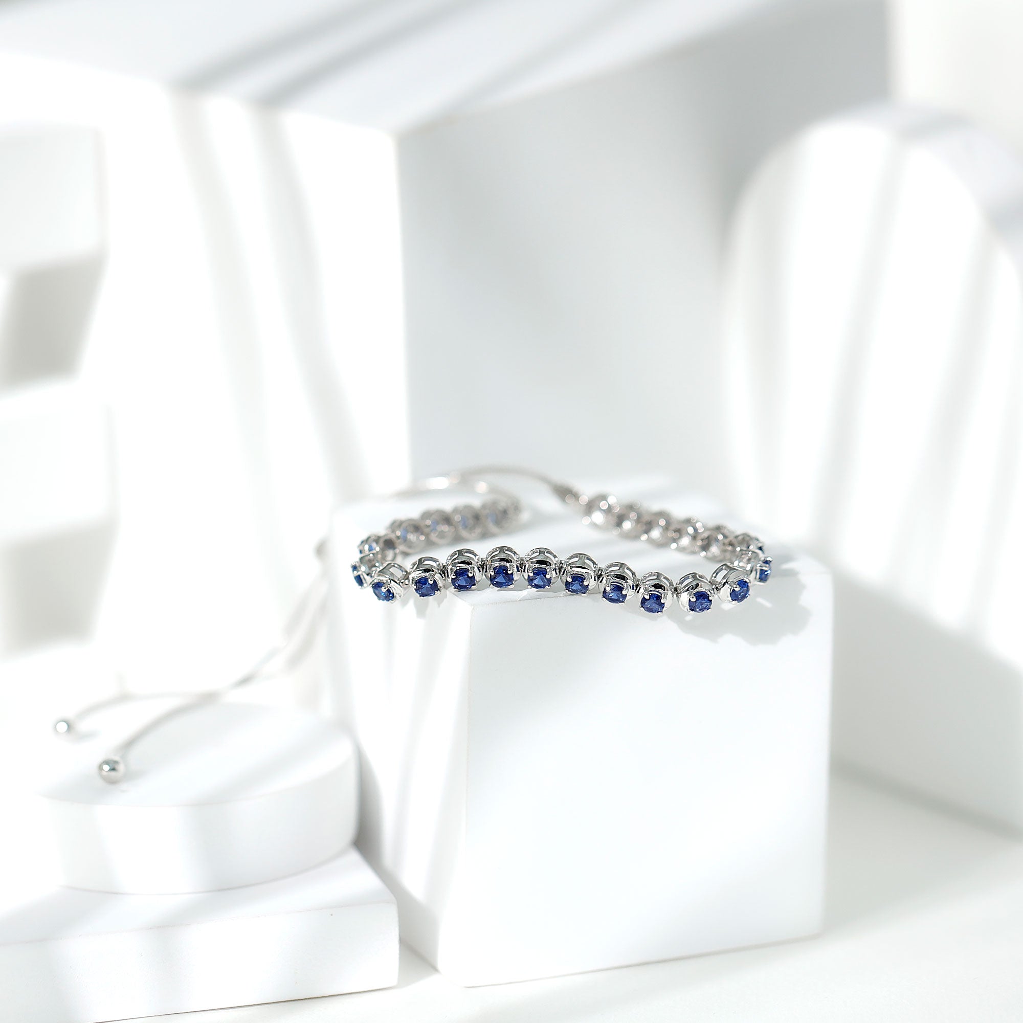 Lab Grown Blue Sapphire Tennis Bolo Bracelet with Rope Chain