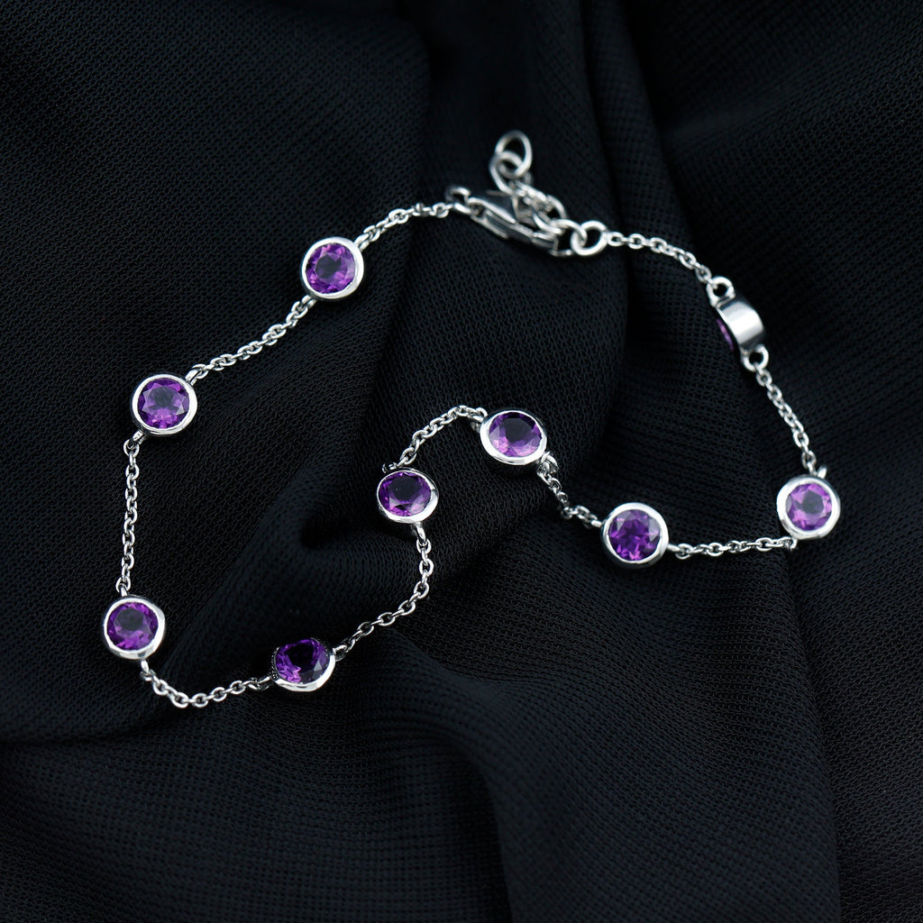Bezel Set 4 Carat Amethyst Station Chain Bracelet for Women