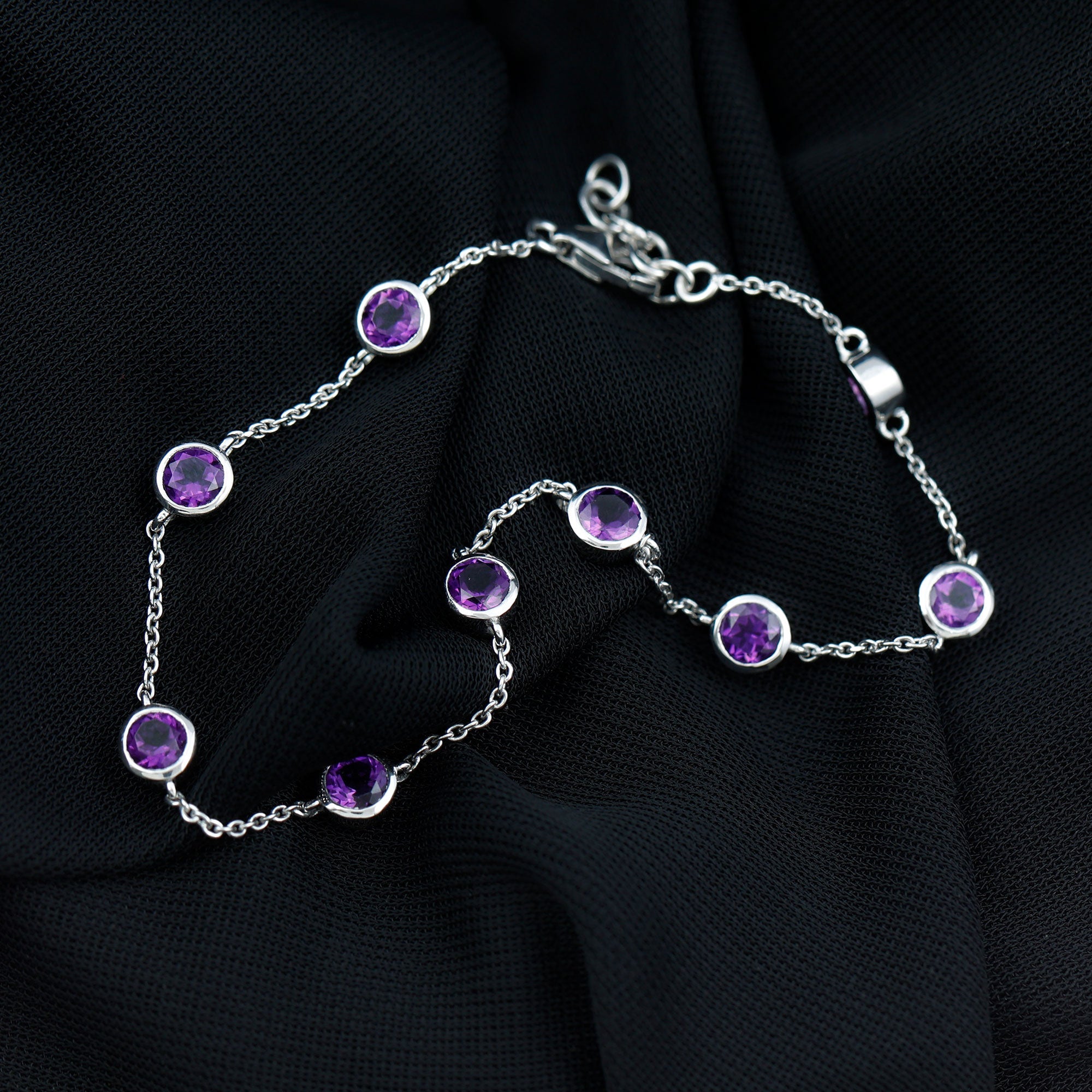 Bezel Set 4 Carat Amethyst Station Chain Bracelet for Women