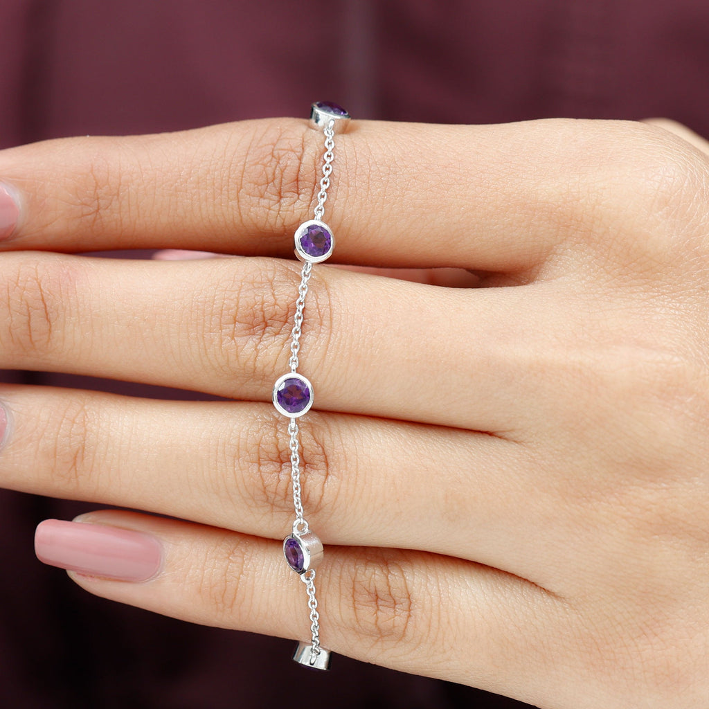 Bezel Set 4 Carat Amethyst Station Chain Bracelet for Women