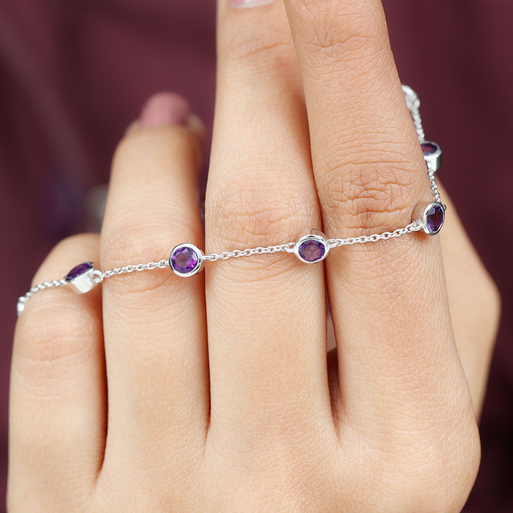 Bezel Set 4 Carat Amethyst Station Chain Bracelet for Women
