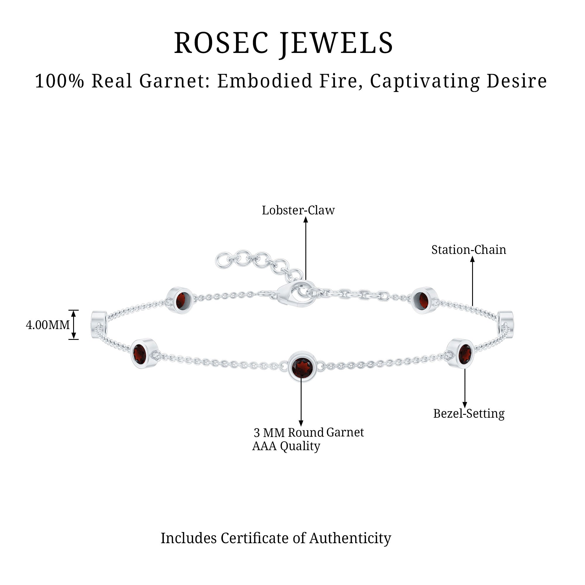 Bezel Set Garnet Seven Stone Station Chain Bracelet