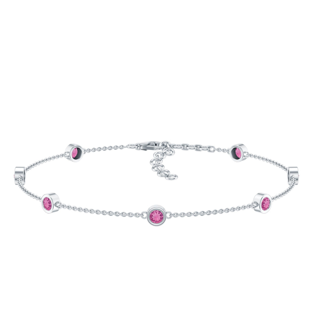 Real Pink Tourmaline Station Chain Bracelet for Women