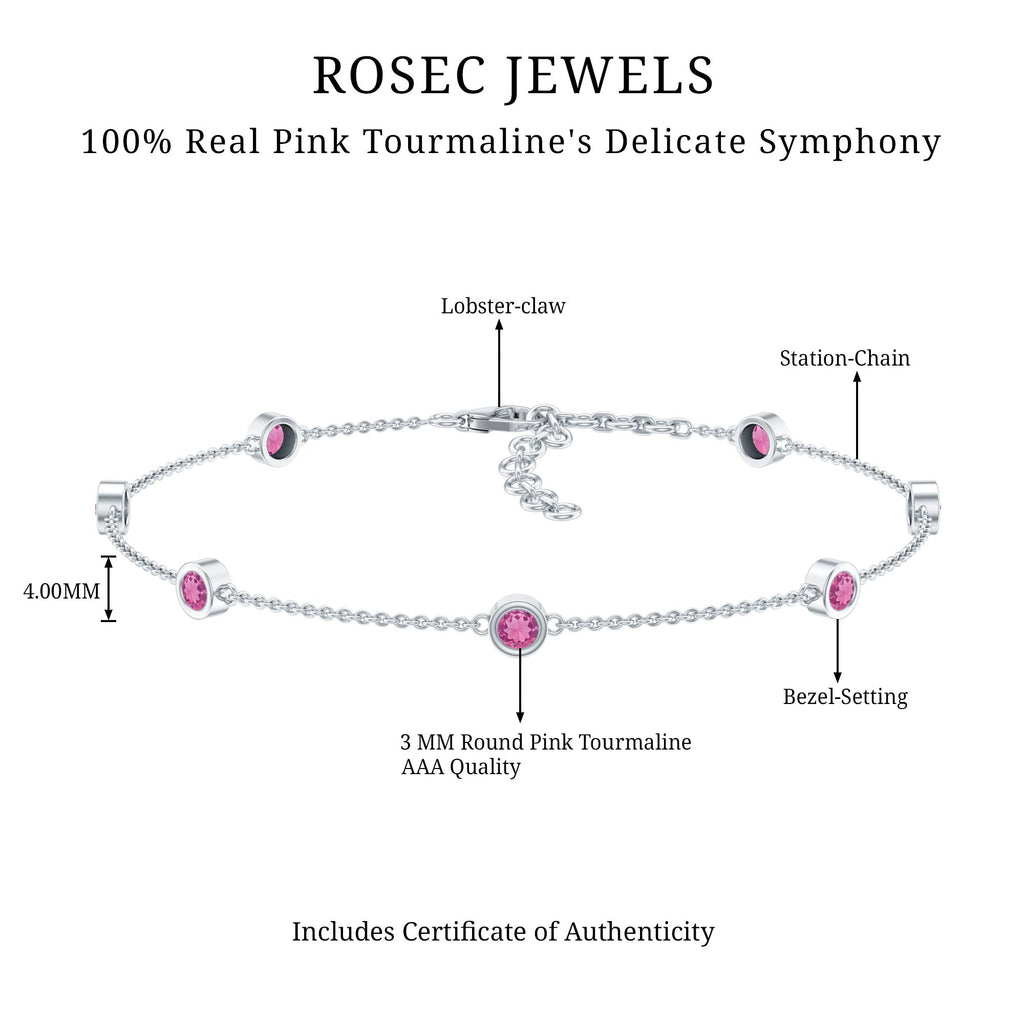 Real Pink Tourmaline Station Chain Bracelet for Women