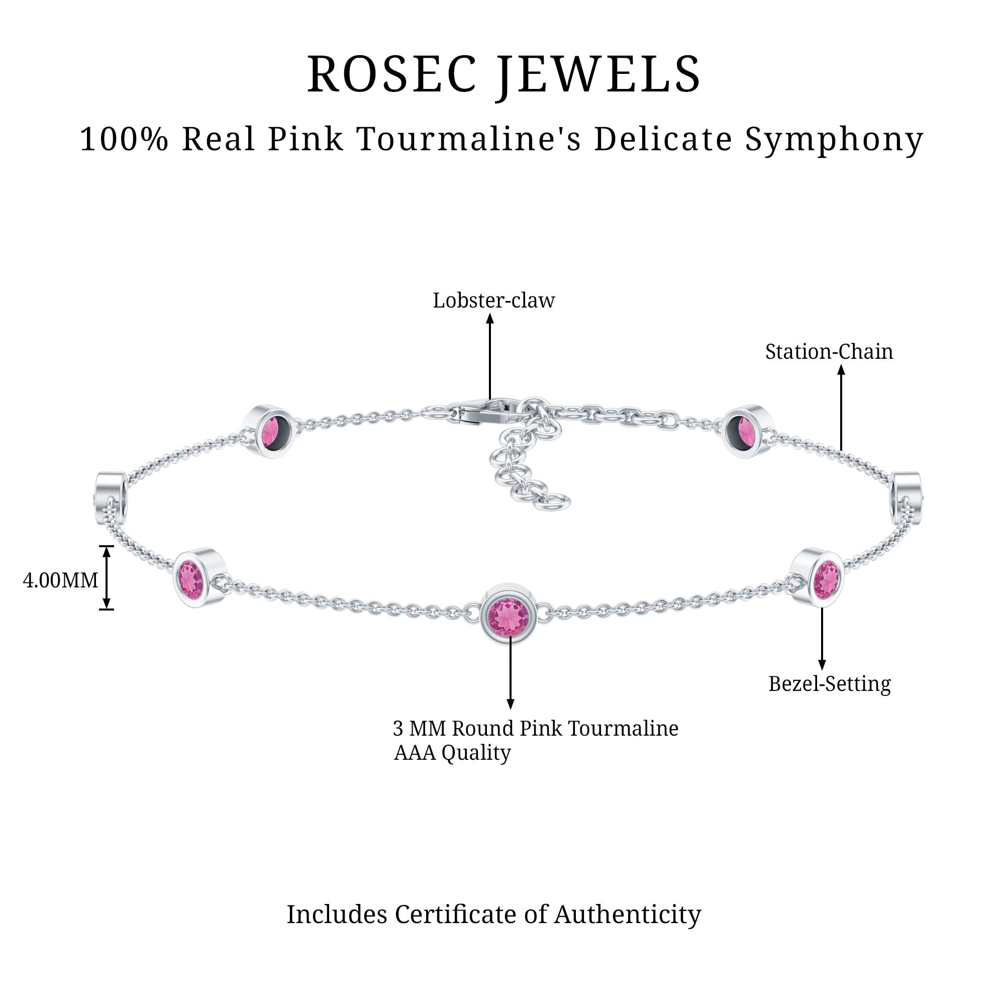 Real Pink Tourmaline Station Chain Bracelet for Women