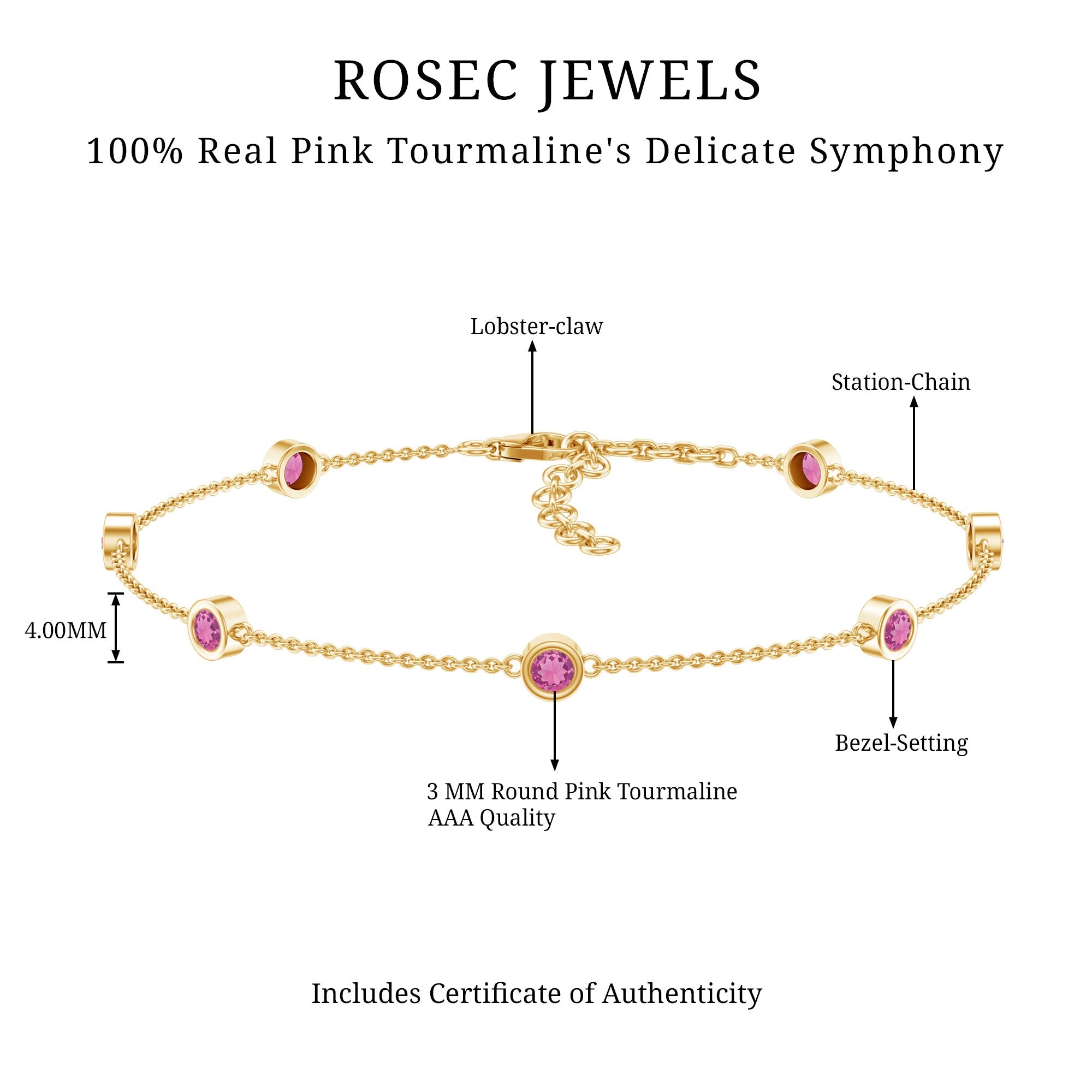 Real Pink Tourmaline Station Chain Bracelet for Women